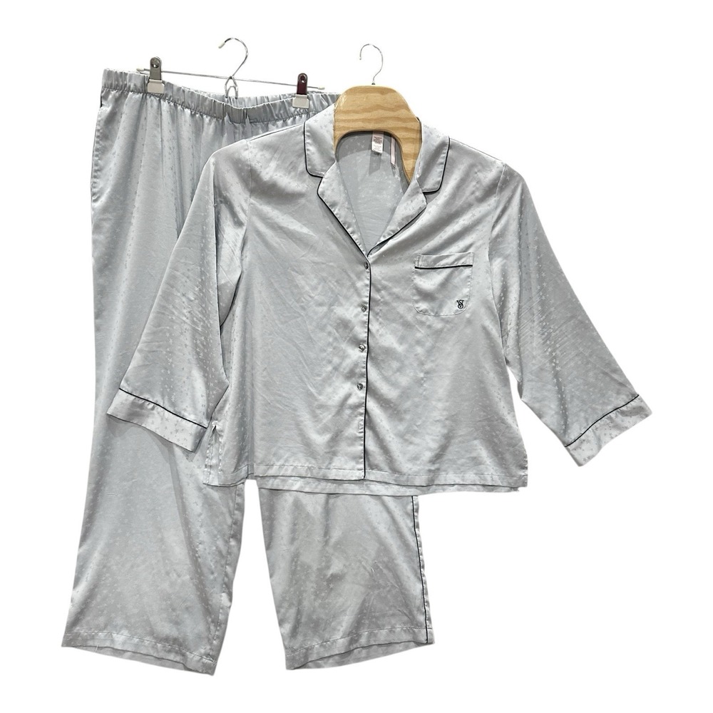 Victoria Secret Silver Satin Star Pajama Set XXL Black Piping 2XL Lounge